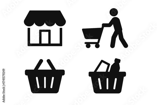 Shopping icon vector set, shop storefront, customer with shopping cart, product basket symbol, commerce concept, black silhouette illustration, retail and market icons, transparent background
