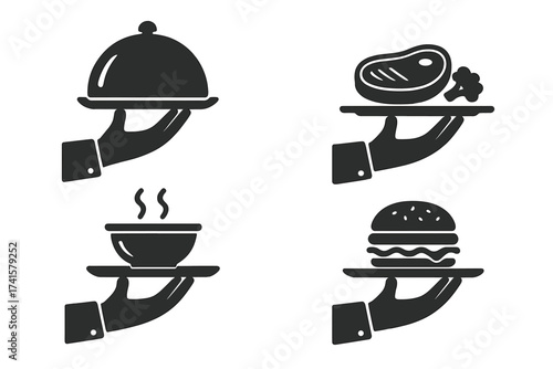 Waiter hand serving food icons set with platter, cloche, steak, broccoli, soup bowl, and burger, vector illustration for restaurant menu, catering, food service, hospitality concept