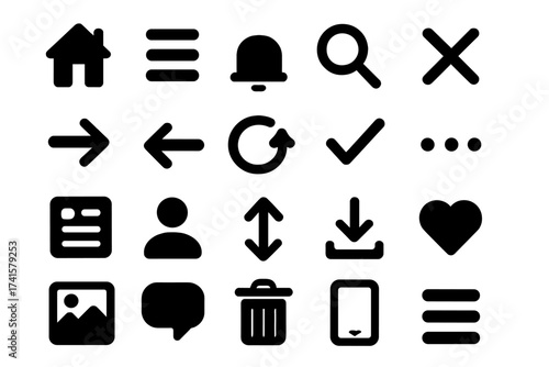 User interface icon set, basic UI and UX solid icons design, vector symbol illustration collection with transparent background, navigation, actions, interface elements pack