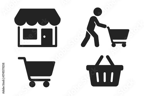 Shopping icon vector set with shop store, customer pushing cart, empty shopping cart, and product basket symbols, commerce concept illustration with transparent background, retail and market graphics