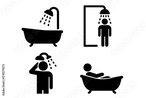 Shower and Bath Icon Set, Bathtub and Bathroom Symbols, Showering and Bathing Vector Illustrations, Hygienic Cleaning, Personal Care, Spa and Relaxation Graphics, Transparent Background