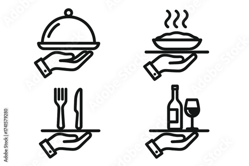 Waiter hand serving food icons set with serving tray, cloche, steaming dish, cutlery, wine bottle and glass, vector illustration, restaurant service, hospitality concept, transparent background
