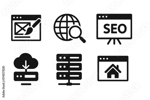 Website icon set including web design, internet, content management, SEO optimization, cloud hosting, server infrastructure, homepage, and e-commerce solid vector icons collection