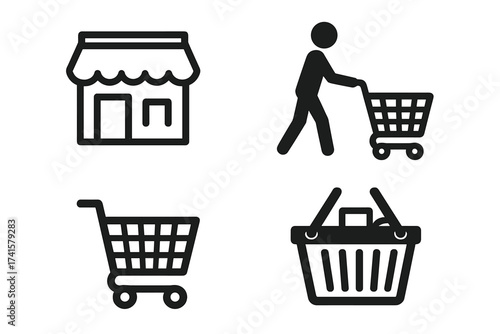 Shopping icons vector set illustrating shop storefront, customer pushing cart, empty shopping cart, and product basket concepts for commerce and retail design