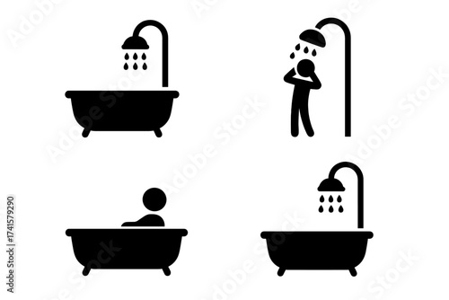 Shower and Bath Icon Set, Bathtub, Bathroom, Showering and Bathing Silhouettes, Vector Symbols, Minimalist Bathroom Elements, Hygiene and Relaxation Illustration