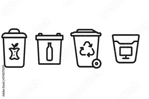 Waste sorting icon vector set illustration with separate bins for organic waste, glass recycling, general trash, and electronic disposal container, garbage separation symbols
