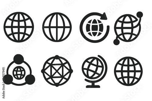 Worldwide Icon Set with Global, International Earth, Network Sphere and Globe Symbols, Solid Vector Collection, Universal World Map Elements for Technology and Communication Illustration