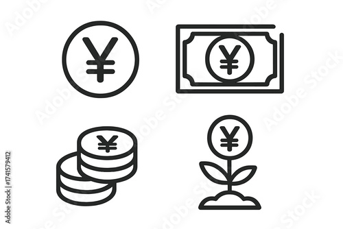 Yen currency icon set with yen coin, banknote, stack of coins and investment growth symbols. Financial concept vector illustration for money, finance, economy, savings, and investment themes.