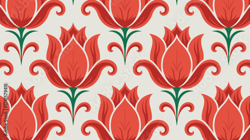 Discover a stunning floral pattern design for your next creative project featuring vibrant red and green hues on a neutral background, perfect for textiles