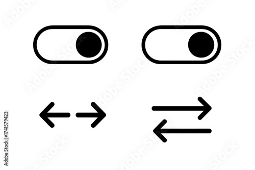 Modern switch icon vector set with toggle buttons and bidirectional swap arrow symbols, minimalist UI interface elements, clean outline design with transparent background