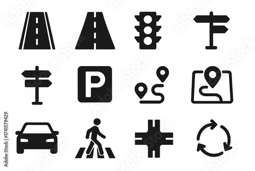 Road and Traffic Icon Set with Street, Highway, Traffic Light, Signpost, Directions, Parking, Route, GPS, Driving, Crosswalk, Intersection, and Roundabout Symbols in Solid Black Style