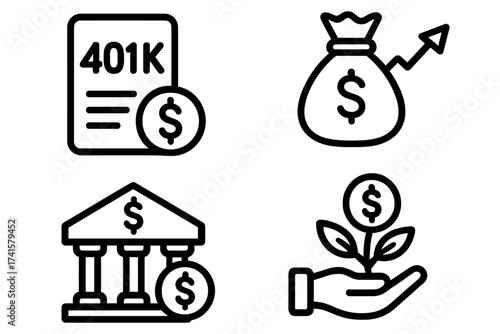 401k retirement savings plan vector icon set. Financial investment, pension fund, and money growth concepts. Banking, wealth accumulation, and future financial planning.