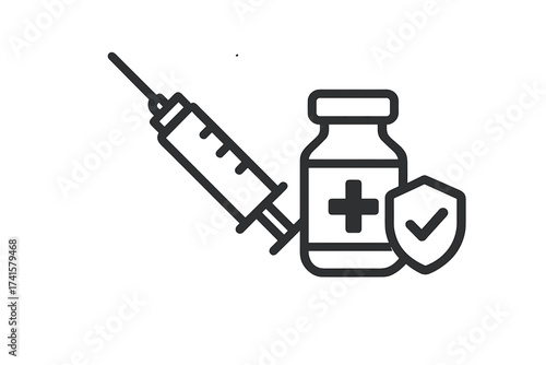 Syringe and vaccine vial icon with shield check mark for immunization and health protection concept, medical injection symbol, healthcare and vaccination vector illustration