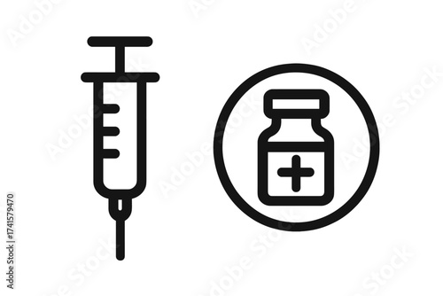 Syringe and Vaccine Bottle Icon Vector Illustration with Transparent Background, Medical Injection Symbols, Immunization and Healthcare Concept, Vaccine Dose, Injection Equipment