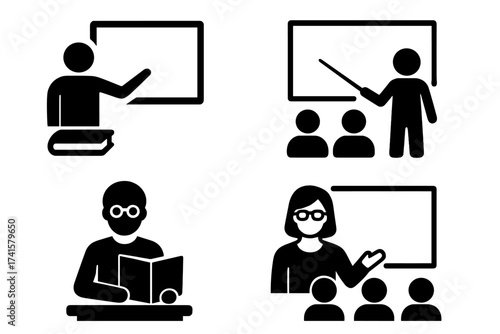 Teacher icon collection, training and learning symbols, classroom education concept, vector illustration with transparent background, ordered set of teaching and study icons