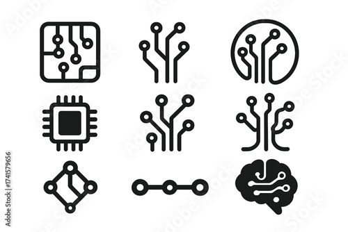 Technology icon collection, circuit board symbols, cyber technology concept, vector illustration set with transparent background, electronic circuits, computer chip icons, tech design elements