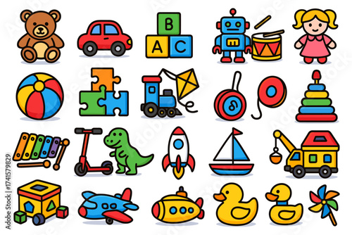 Kids toys icons set, teddy bear, toy car, building blocks, robot toy, baby doll