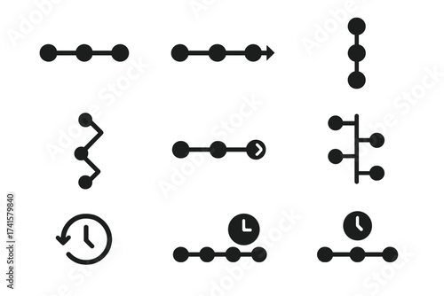 Timeline and Chronology Icon Set Vector Illustration, Solid Black Symbols for Process Flow, Sequence, History, Scheduling, and Time Management, Transparent Background