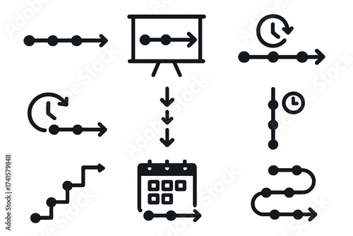 Timeline icon set vector illustration, chronology symbols collection with arrows, clock and calendar, timeline progression, time management concept, schedule and planning design