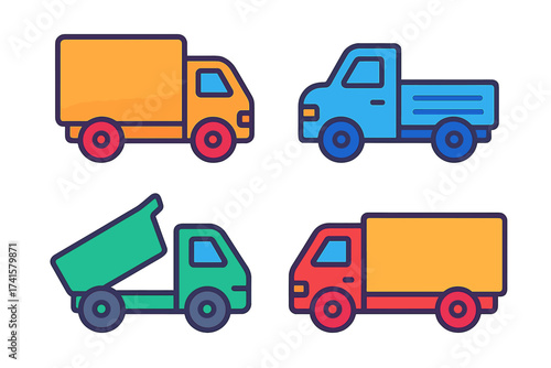 Colorful truck icon set, cargo delivery vehicles, dump truck and pickup with transparent background, transportation concept vector illustration, ordered design collection