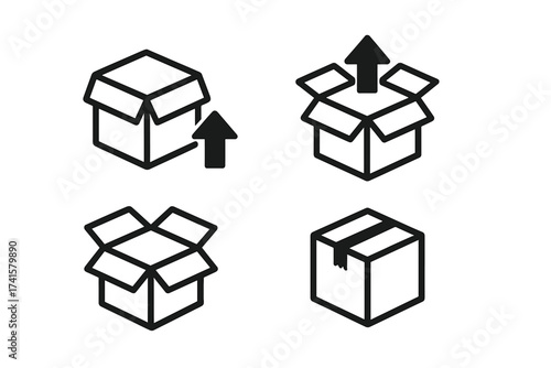 Unpack Icon Set, Open Box Symbol Vector Illustration, Outline Style Package Open and Closed, Shipping and Delivery Icons, Transparent Background, Minimalist Design for UI and Web