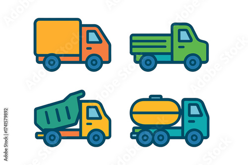Colorful truck icon set in vibrant flat design. Transportation vector illustrations with delivery, pickup, dump, and tanker trucks. Transparent background, ordered commercial concept.