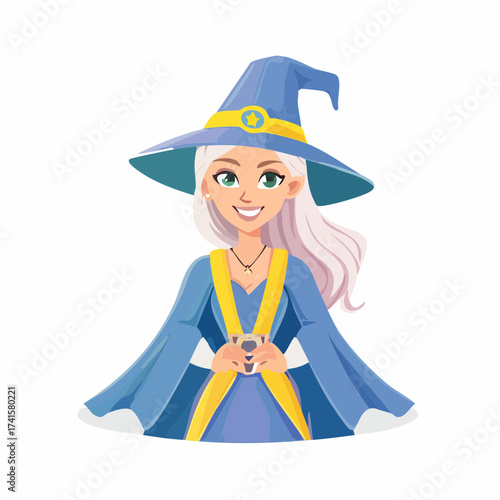 Female wizard with spellbook and hat with transparent background