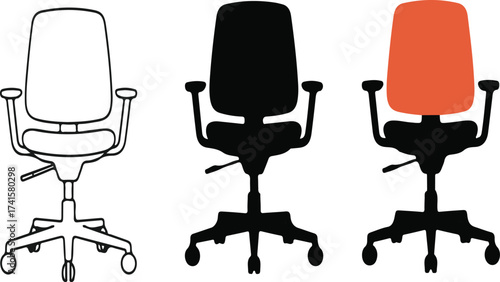Three office chairs on display one bright orange the others dark silhouettes