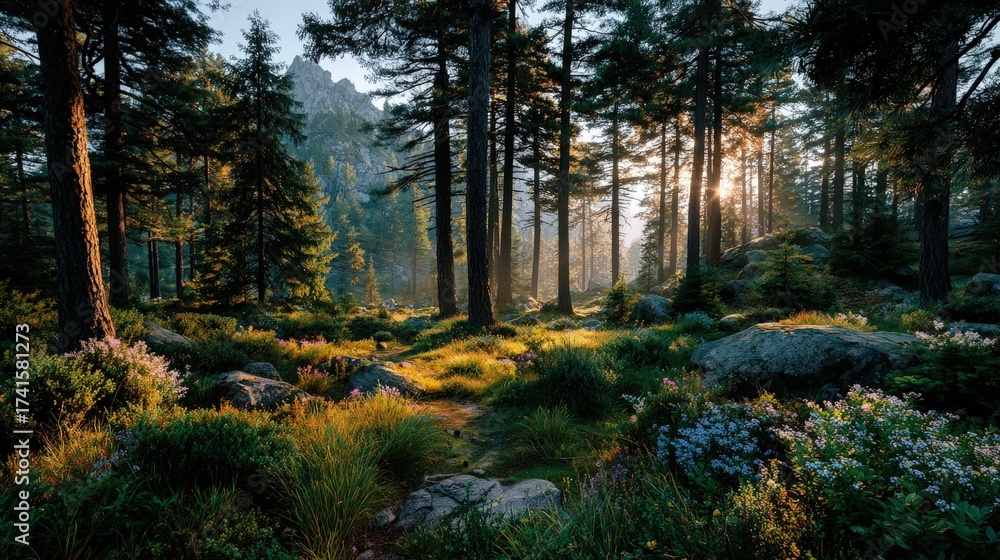 Fototapeta premium Serene forest landscape at sunrise mist weaving through towering pine trees golden light filtering through the canopy