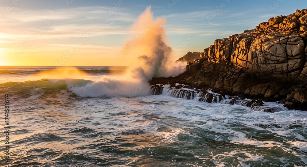 Fototapeta premium Dramatic coastal splash against rocky cliffs at golden hour embodying nature's energy