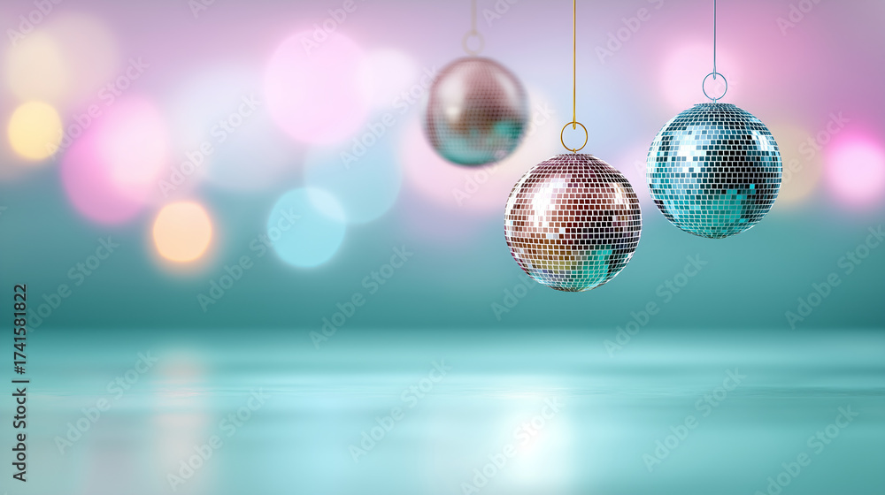 Fototapeta premium Hanging disco balls on a colorful bokeh light background with copy space