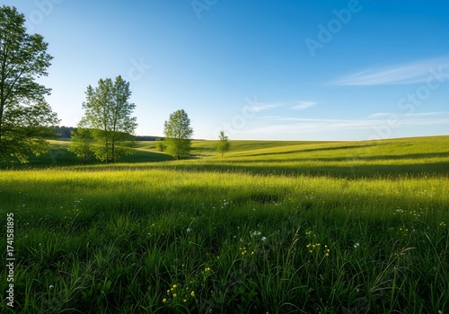Fototapeta Naklejka Na Ścianę i Meble -  Sun-kissed meadow, a tranquil vista of verdant grass and azure sky showcasing nature's elegance in the landscape