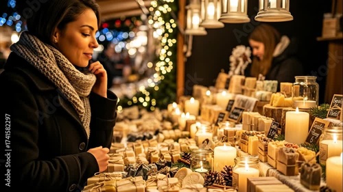 Woman buying from a market stall with candles and handcrafted soap during a winter Christmas holiday outdoor fair footage