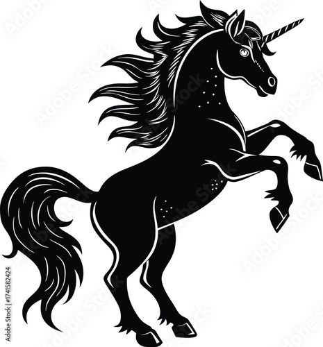 Majestic Black Unicorn: A mythical unicorn, stands tall and proud, its sleek black silhouette radiating elegance and mystique, while its single horn pierces the air with an aura of power and wonder.