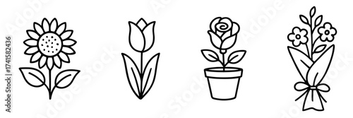 Line flowers icons set, sunflower flower, tulip stem, rose pot, flower bouquet, spring garden