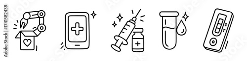 Medical diagnostics icons set ,medical robot, health app, vaccine syringe, test vial, rapid test