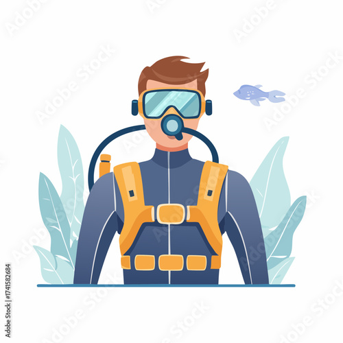 Scuba diver underwater with fish and plants