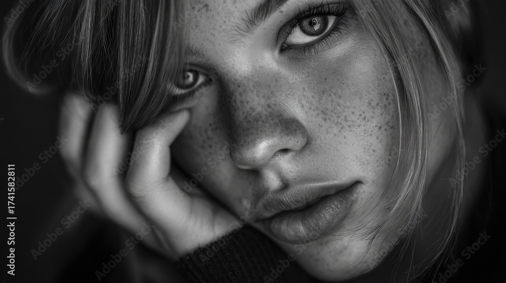 Fototapeta premium photo of beautiful girl, head slightly tilted, one hand elegantly resting near her cheek, hyper realism black and white 