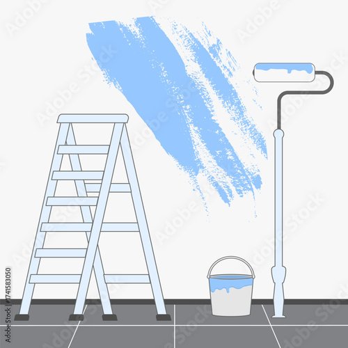 Paint Works. Brush stroke light blue . Blue paint bucket, stepladder and roller. Exterior  and interior. Concept for home decoration, building . EPS10.