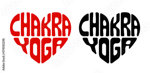 Heart-shaped sticker set featuring "CHAKRA YOGA" in colorful and black design. For yoga poses (asans) to balance your chakras