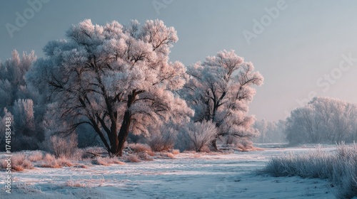 Snow-covered field landscape frosty trees soft winter light peaceful and minimalist cold yet inviting scenery