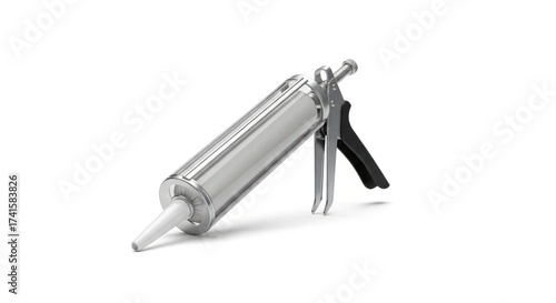 Silver metal caulk gun with black handle on white background