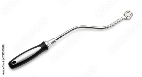 Curved metal tool with black handle for mechanical tasks