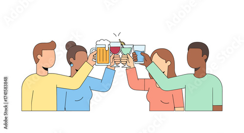 Diverse friends celebrating together with a beer, cocktail, wine, and water for a business deal or casual get together in a modern flat design style