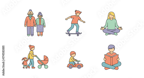Diverse family activities promoting intergenerational connections, mindfulness, playful childhood, and lifelong learning in a clean, modern style