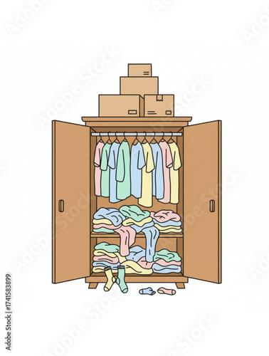A Brown Wooden Armoire with Open Doors Revealing Unorganized Clothes, Piles of Shirts, and Socks Lying Outside the Cabinet. 