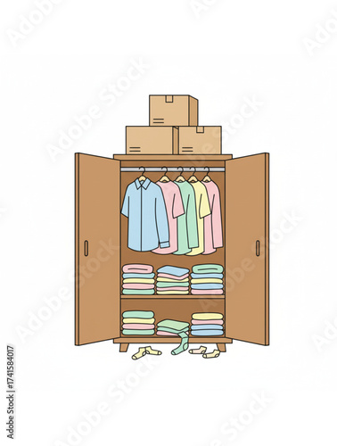 An Open Wooden Closet Containing Pastel-Colored Short-Sleeved Shirts and Folded Clothes with a Few Socks Scattered on the Floor. 