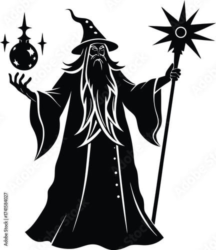 Wizard with magical items: A silhouette of a wise wizard, holding a magical orb and a star-topped staff, casting spells, embodying mystique and the power of enchantment.