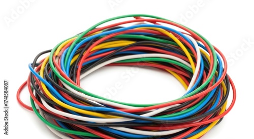 Colorful bundle of electrical wires on a white background