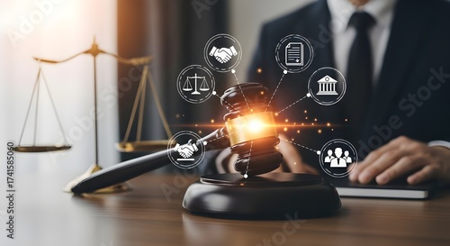Digital Law and Justice Concept: Lawyer with Gavel, Scales, and Legal Icons Network
